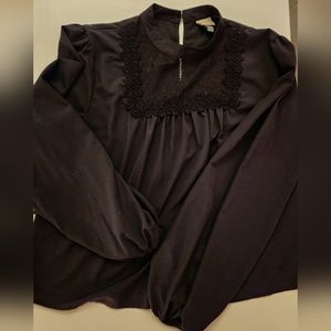 A New Day Womens Blouse Large Black Long Sleeves High Neck Lace Business Casual